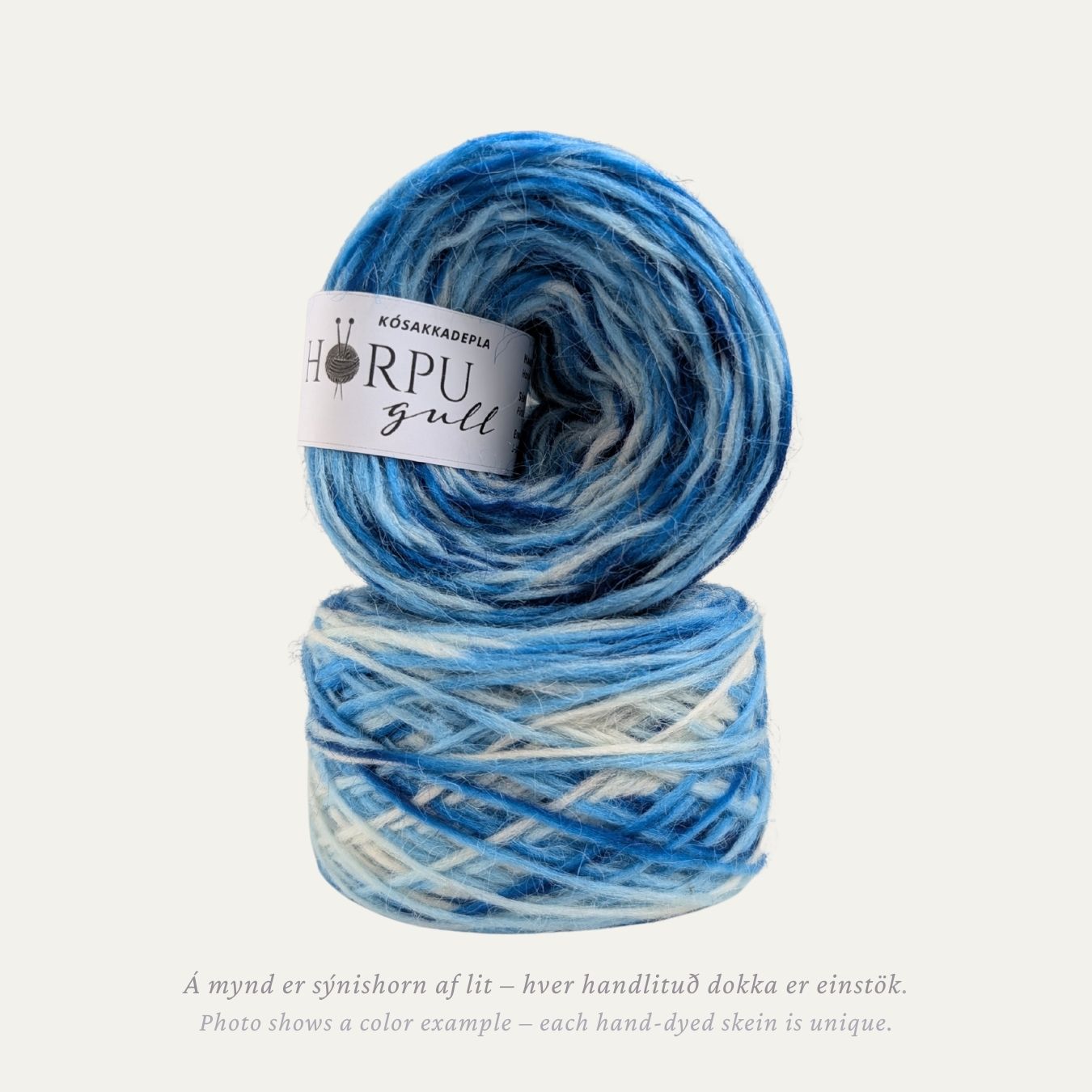 Hand-dyed Icelandic lopi yarn inspired by gentian speedwell in fresh blue and white tones