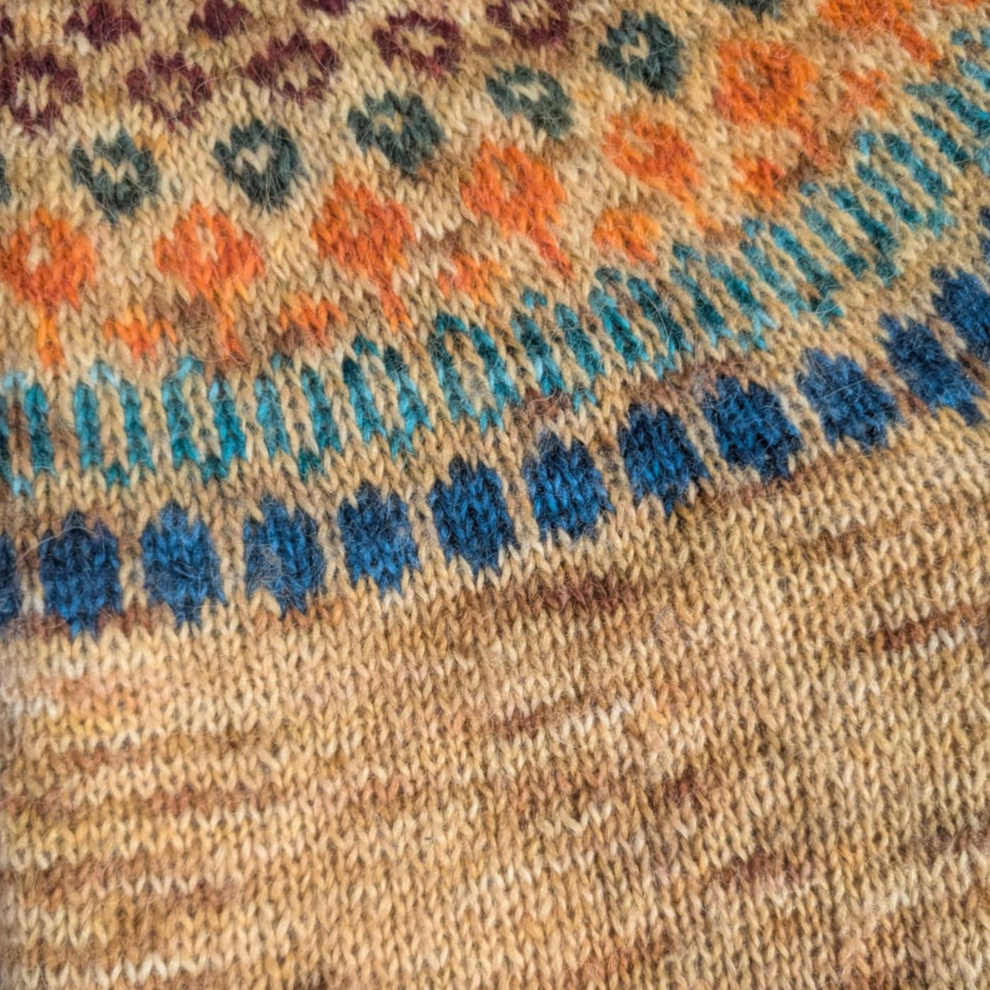 Knitted Icelandic sweater pattern using golden hand-dyed lopi yarn