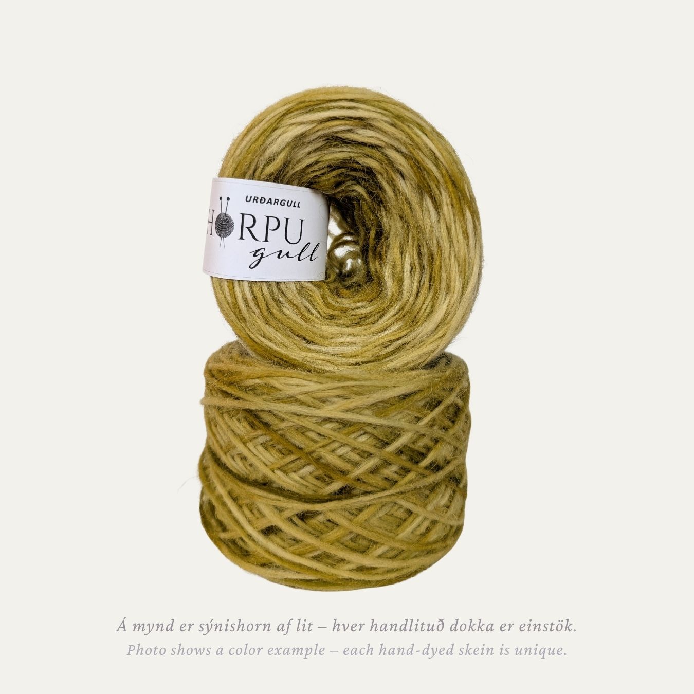 Hand-dyed Icelandic lopi yarn inspired by lamb’s tail in warm golden-green tones
