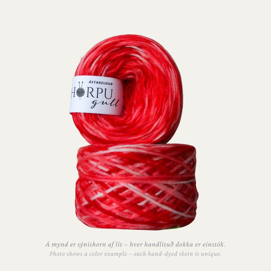 Hand-dyed Icelandic lopi yarn inspired by Maltese cross in bright red tones