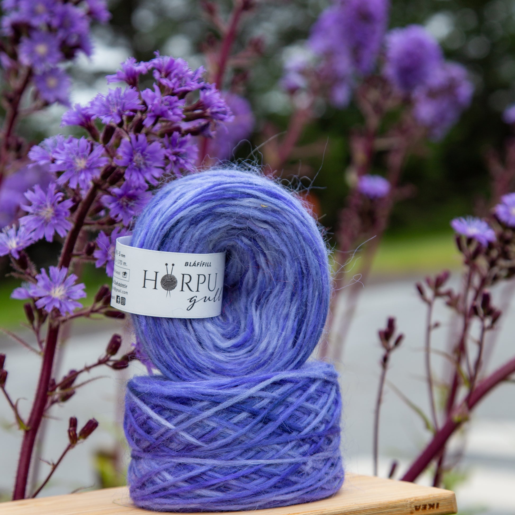 Hand-dyed Icelandic lopi yarn inspired by alpine blue sow thistle shown with matching purple flowers