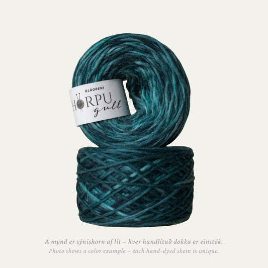 Hand-dyed Icelandic lopi yarn inspired by Engelmann spruce in deep blue-green tones