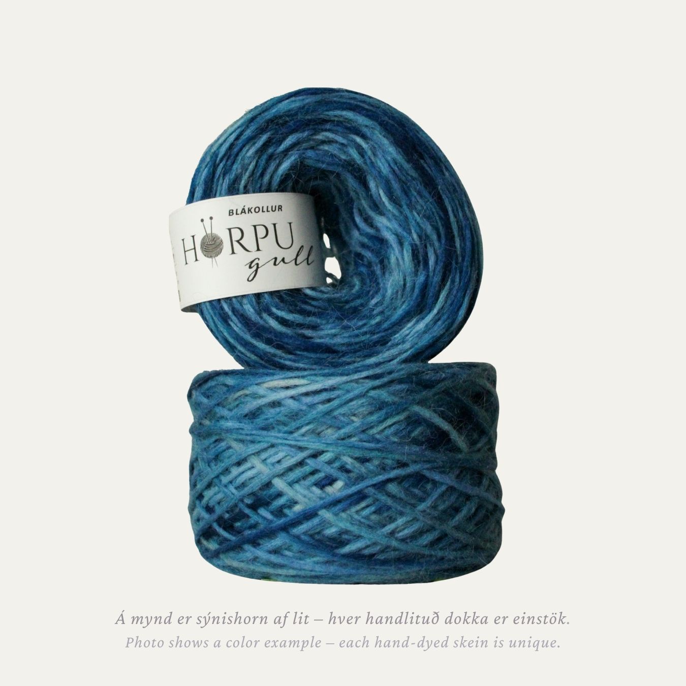 Hand-dyed Icelandic lopi yarn inspired by shepherd’s scabious in deep blue tones with natural variation