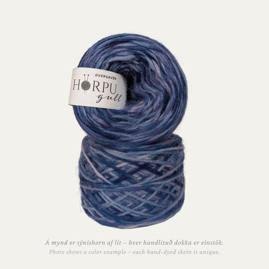 Hand-dyed Icelandic lopi yarn inspired by bugleweed in cool denim blue tones