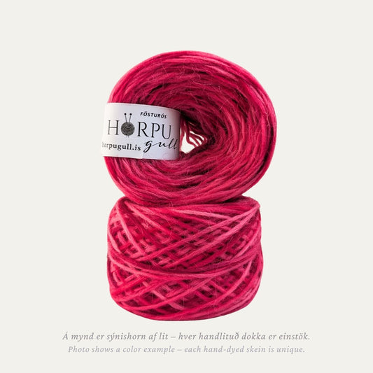 Hand-dyed Icelandic lopi yarn inspired by lenten rose in deep rose pink tones