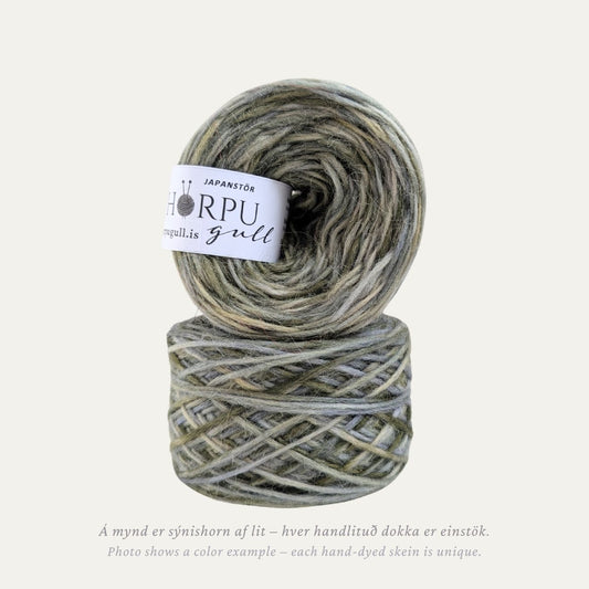 Hand-dyed Icelandic lopi yarn inspired by Japanese sedge in soft earthy green and neutral tones