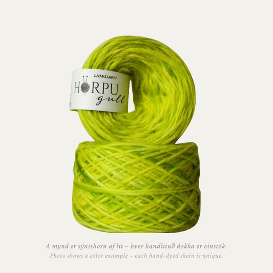 Hand-dyed Icelandic lopi yarn inspired by alpine lady’s mantle in bright yellow-green tones