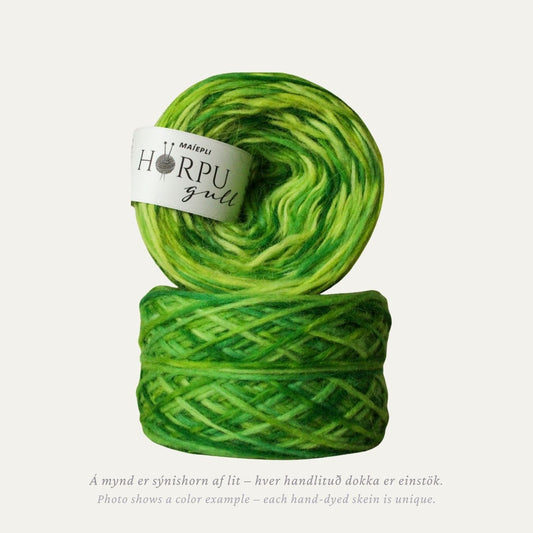 Hand-dyed Icelandic lopi yarn inspired by Himalayan mayapple in bright fresh green tones