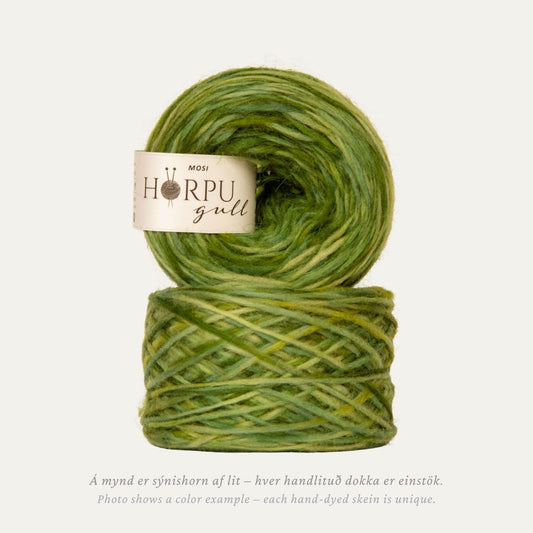 Hand-dyed Icelandic lopi yarn inspired by moss in rich green and earthy tones