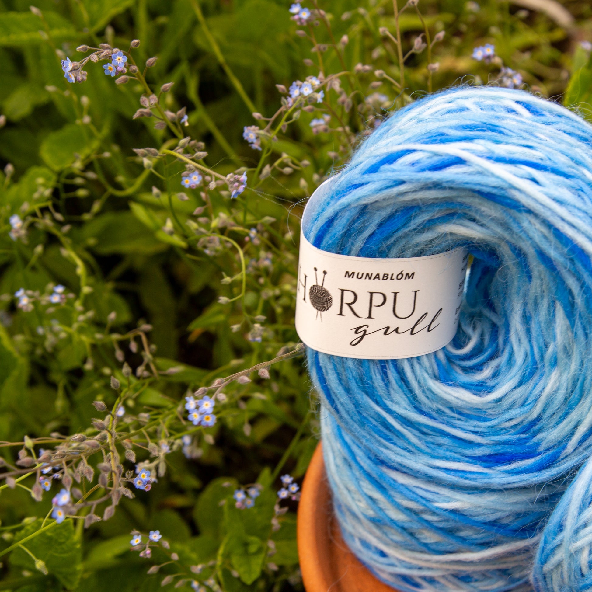Munablóm hand-dyed Icelandic lopi yarn inspired by forget-me-not flowers shown in natural garden setting
