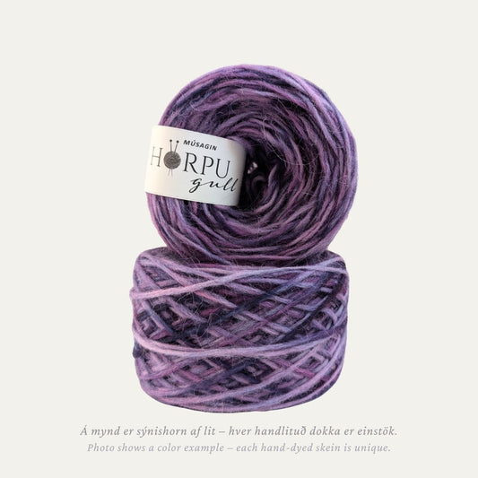 Hand-dyed Icelandic lopi yarn inspired by Italian toadflax in soft dusty purple tones