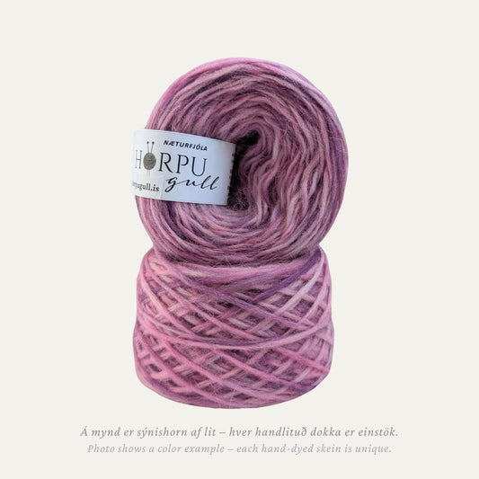 Hand-dyed Icelandic lopi yarn inspired by dame’s rocket in soft pink and violet tones