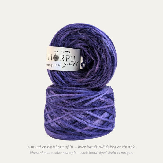Hand-dyed Icelandic lopi yarn inspired by Nootka lupine flowers in rich purple tones