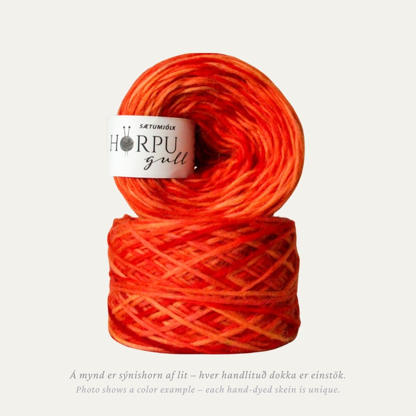 Sætumjólk hand-dyed Icelandic lopi yarn in warm orange and red tones made from 100% Icelandic wool