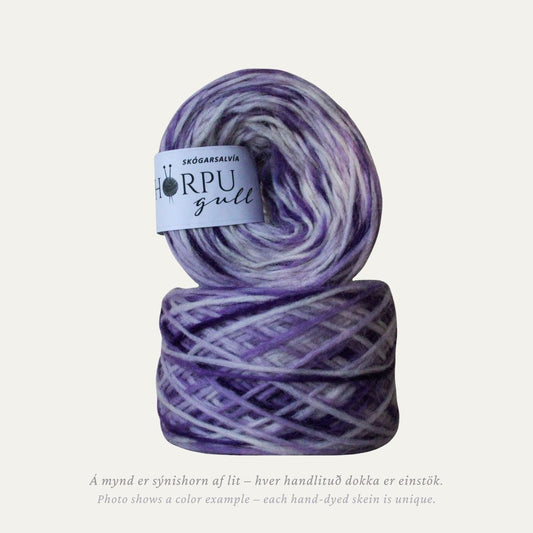 Hand-dyed Icelandic lopi yarn inspired by woodland sage in soft purple tones