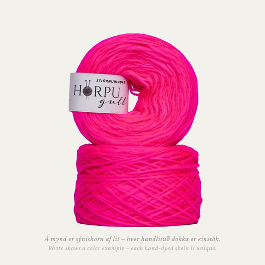 Hand-dyed Icelandic lopi yarn inspired by cliff maids in bright pink tones