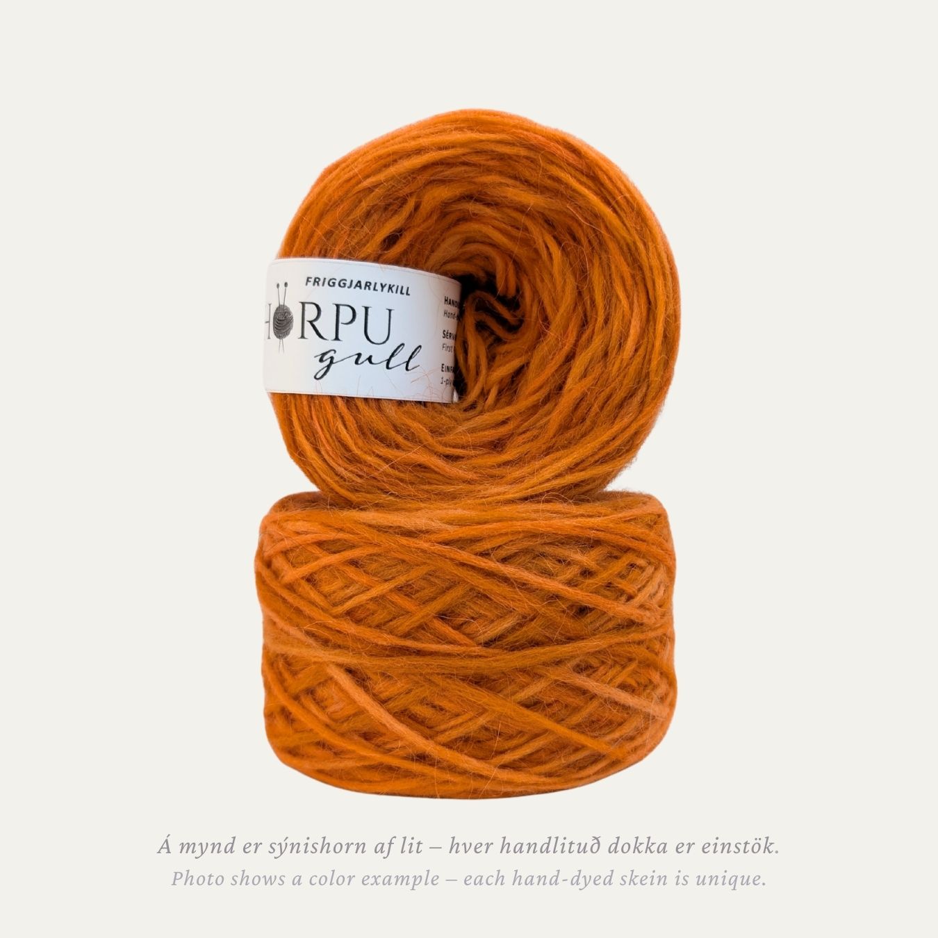 Hand-dyed Icelandic lopi yarn inspired by Tibetan cowslip in warm orange tones