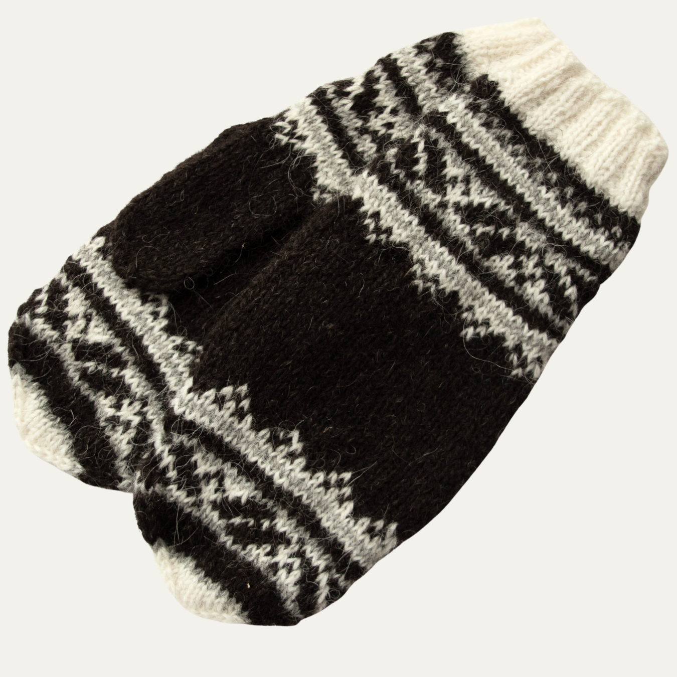 Westfjords Icelandic wool mittens in dark brown and white with traditional Icelandic knitting pattern