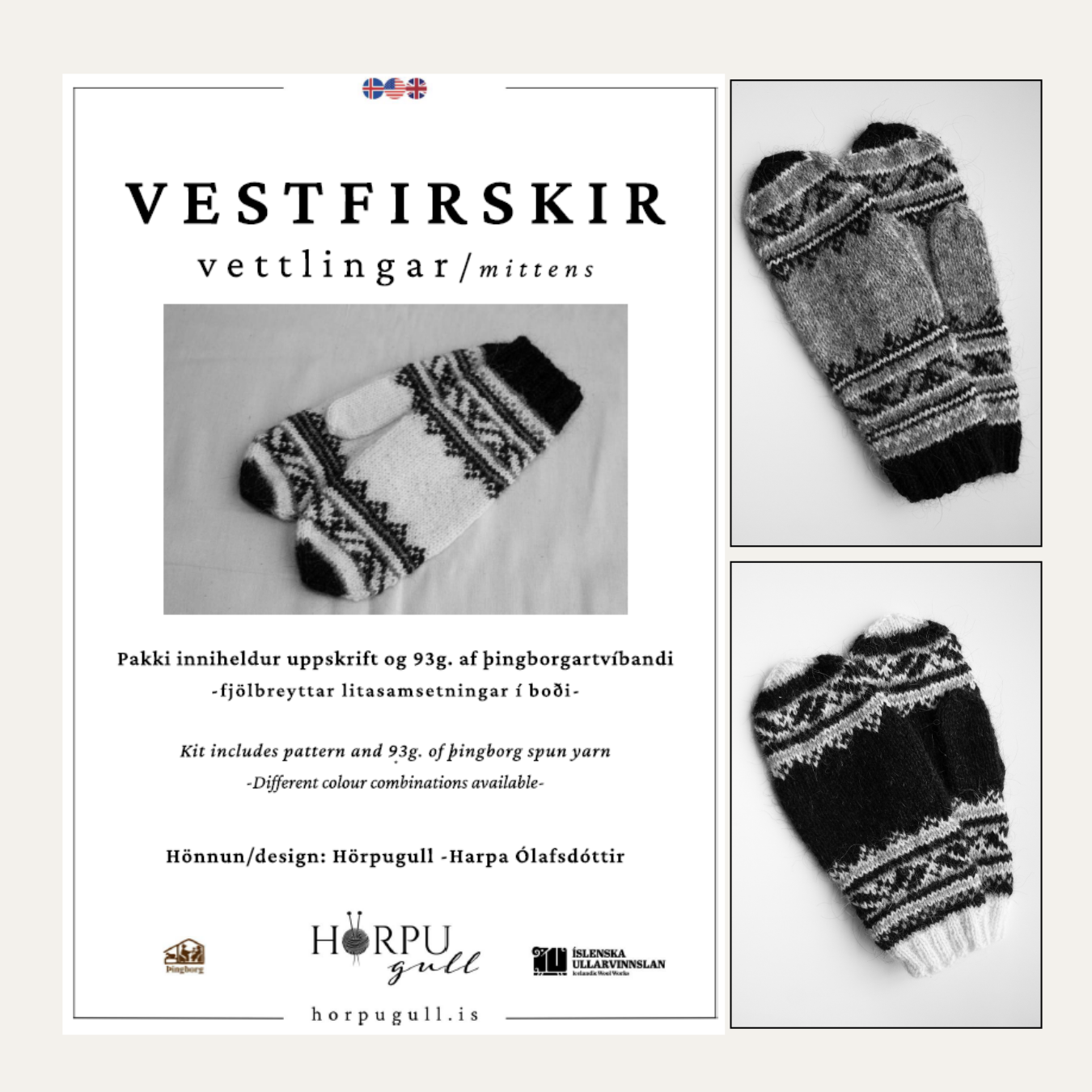 Westfjords mittens knitting kit including Icelandic wool yarn and pattern for traditional lopi mittens